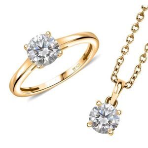 J Francis Swarovski 3 1/4 CTW Solitaire Ring + Pendant 18K Vermeil Over 925 Set